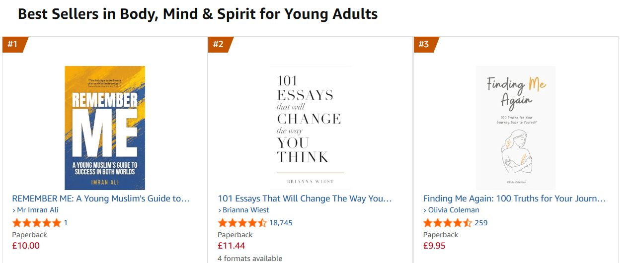 Amazon UK Best Sellers page showing Remember Me at #1 in Body, Mind & Spirit for Young Adults