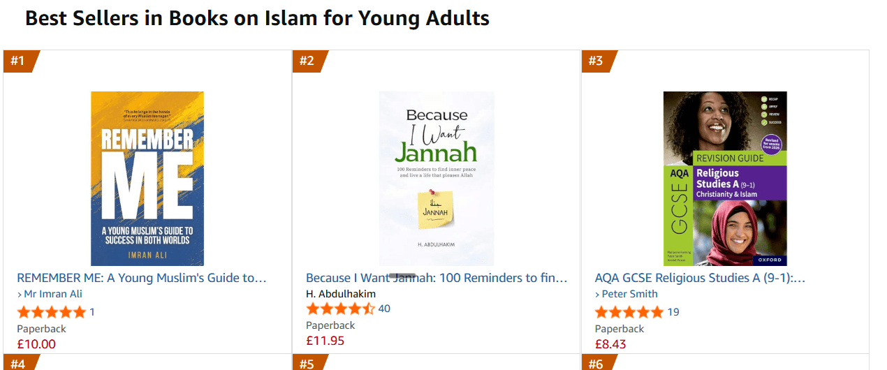 Amazon UK Best Sellers page showing Remember Me at #1 in Books on Islam for Young Adults