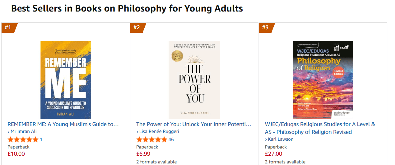 Amazon UK Best Sellers page showing Remember Me at #1 in Books on Philosophy for Young Adults